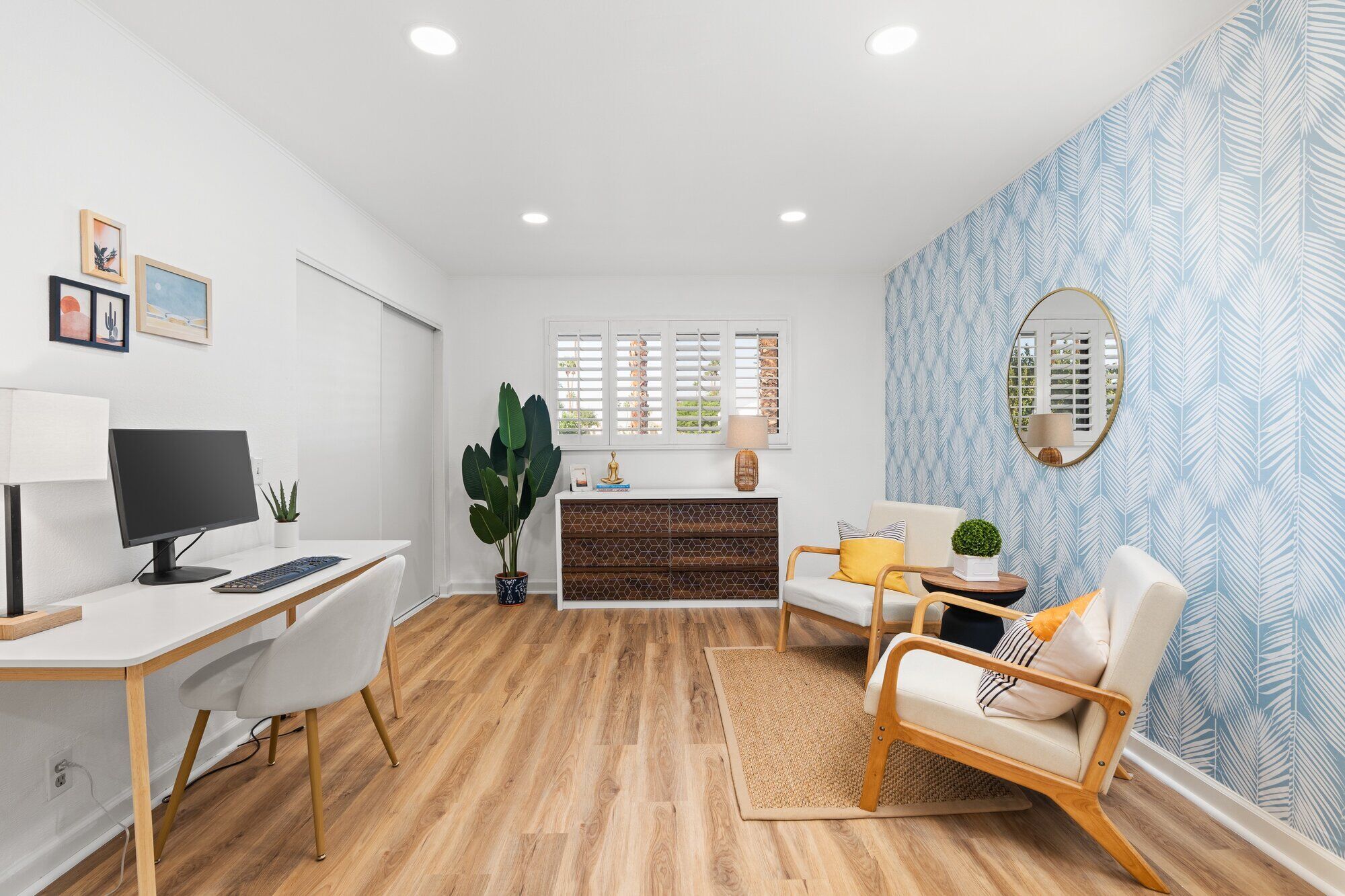 Coastal desert living room at The Sundune Palm Springs with warm textures