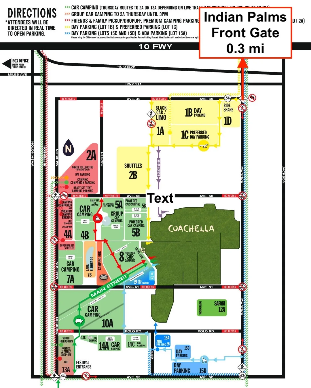 2026 Coachella festival map showing Indian Palms Front Gate 0.3 miles from Monroe Street entrance