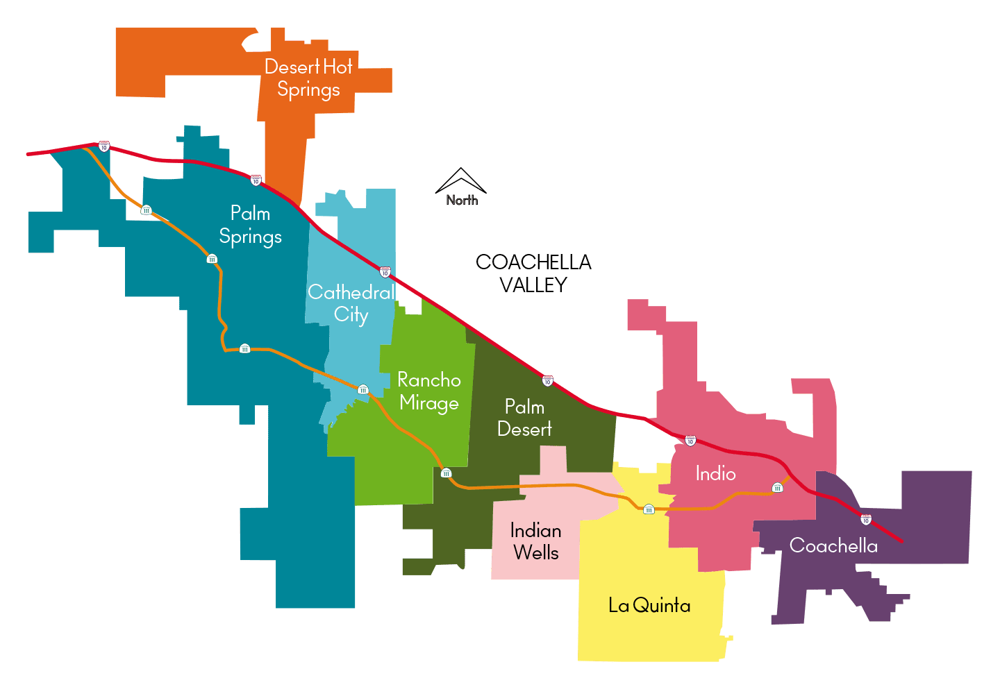Map of Coachella Valley showing distances from Indio, Palm Desert, La Quinta, and Palm Springs to the Empire Polo Club festival grounds