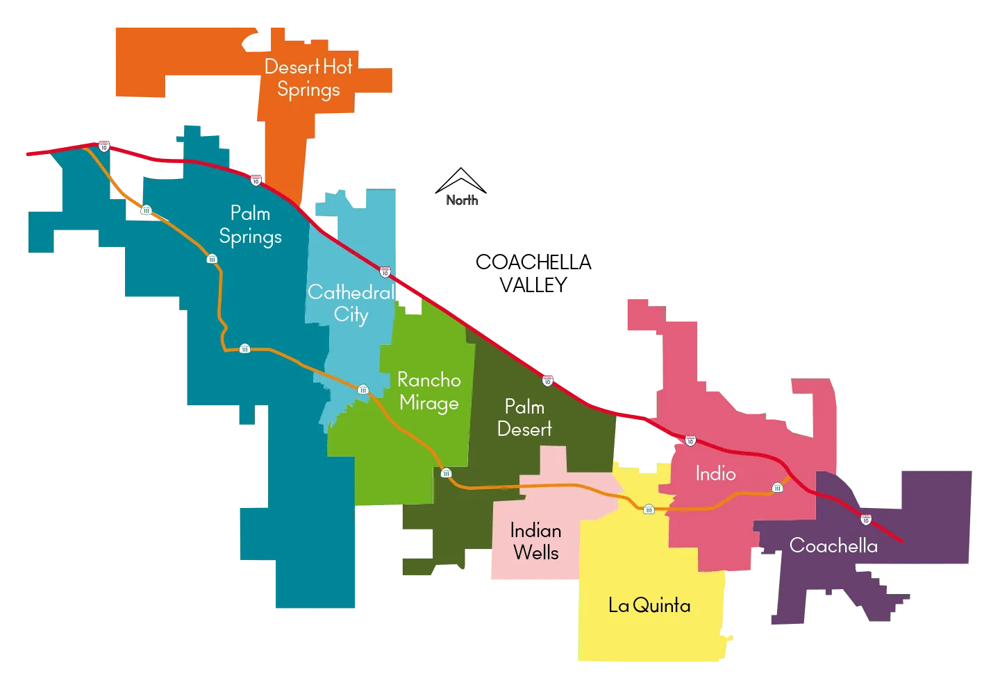 Map of the Coachella Valley showing Indian Wells, Palm Desert, Palm Springs and surrounding cities
