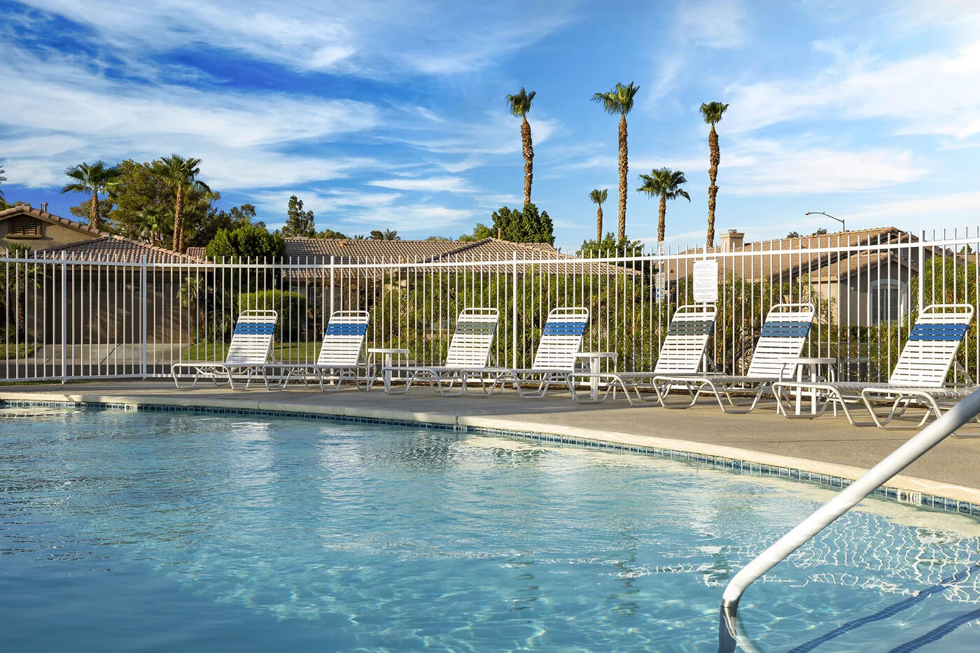 Private backyard pool at a vacation rental in Indio California, shaded patio and pool area in the Coachella Valley