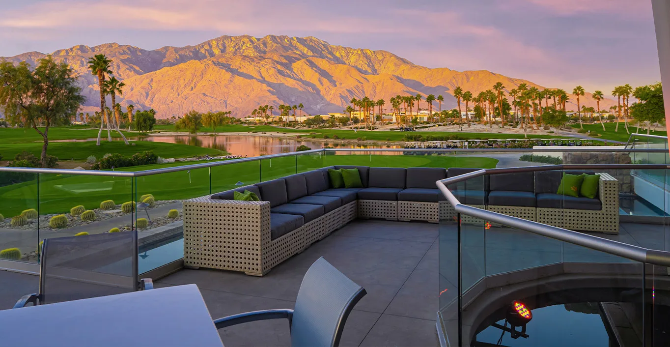 Restaurant outdoor dining in Palm Springs area with mountain views and desert landscape
