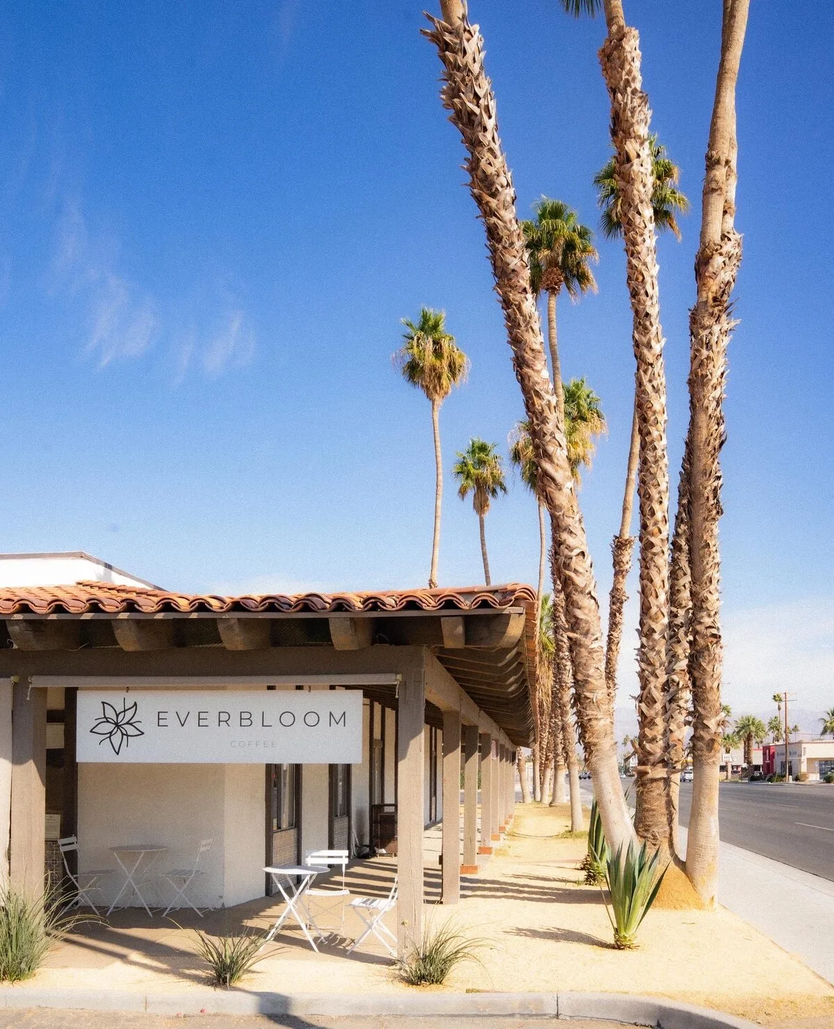 Everbloom Coffee exterior in Indio, CA with palm trees and terracotta roof
