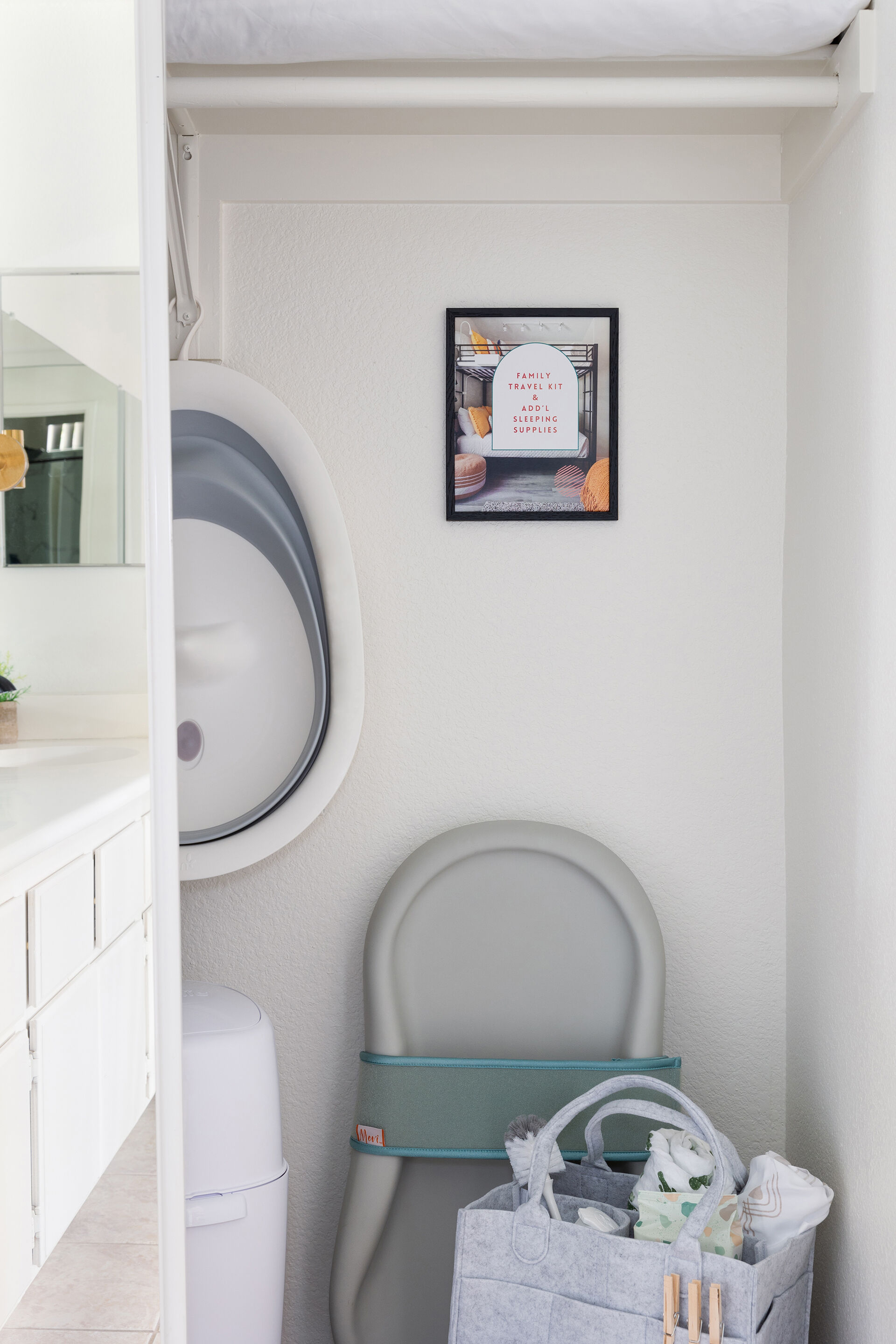 Family vacation rental supply closet at Cozy Cactus Indio CA with pack n play stroller baby gear and travel supplies organized