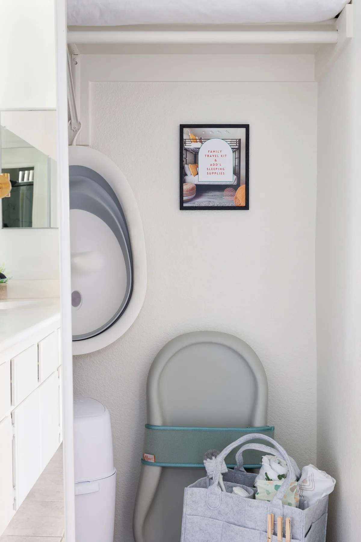 Organized family gear closet at The Cozy Cactus with pack n play, stroller, and baby supplies