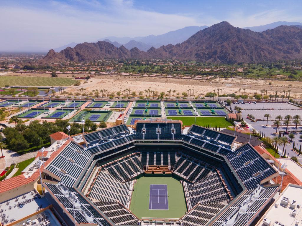 Aerial view of Indian Wells Tennis Garden surrounded by desert landscape and San Jacinto Mountains