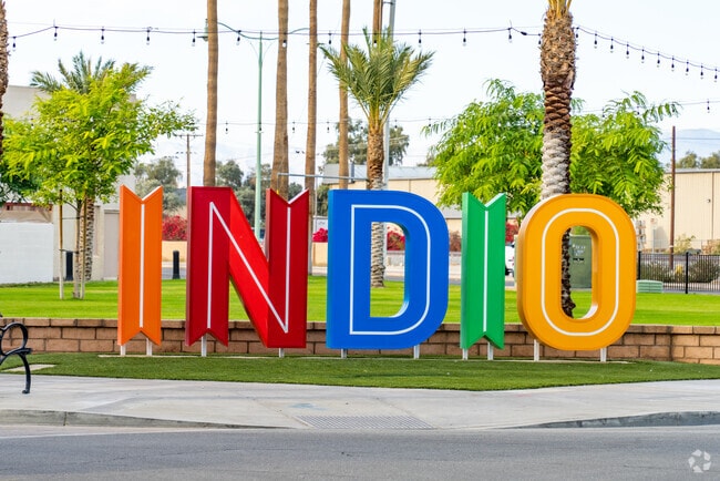 Indio California city sign on Miles Avenue, gateway to the Coachella Valley desert