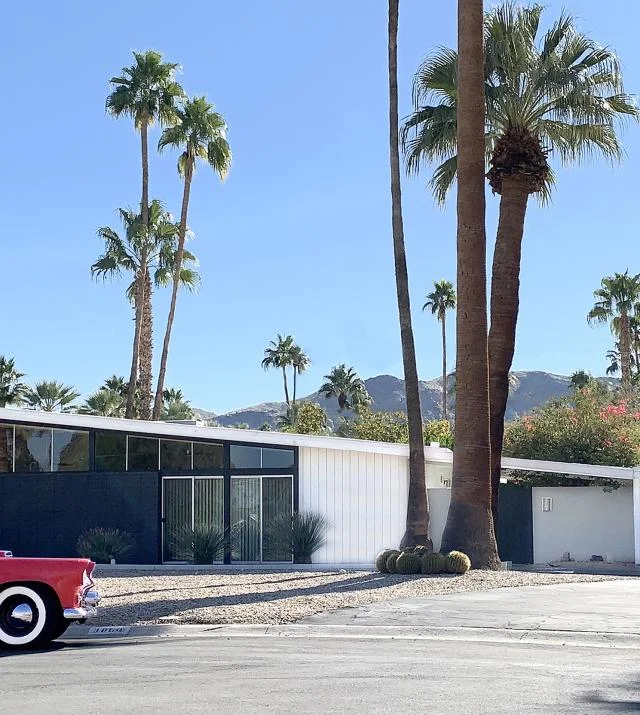 Crowd gathered at a Palm Springs home tour during Modernism Week with midcentury architecture in the background