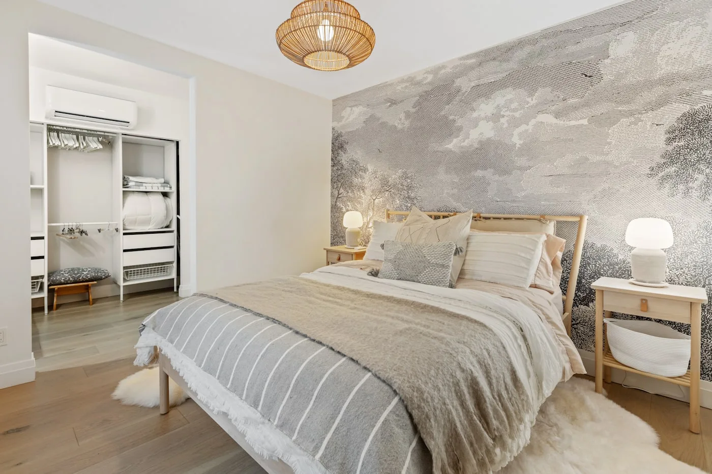 Vacation rental bedroom staged and styled for photography shoot