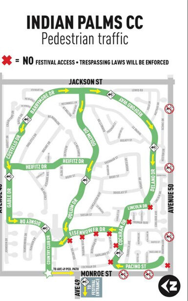 Indian Palms Country Club pedestrian traffic map for festival weekend