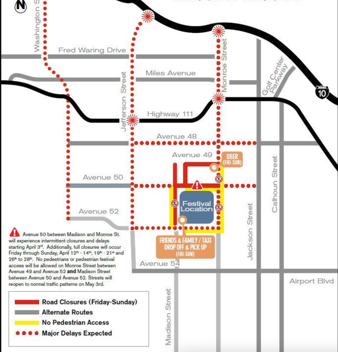 Road closure map for Coachella festival weekend in Indio