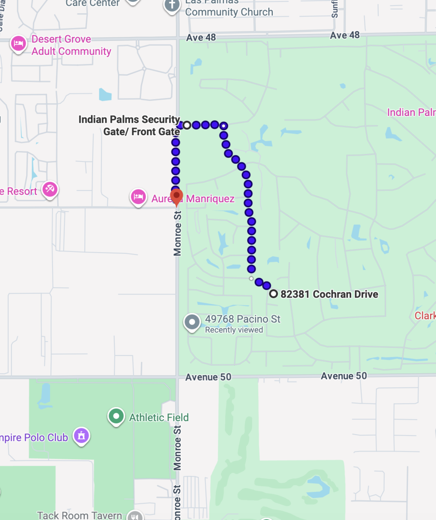 Walking directions from 82381 Cochran Drive to Indian Palms Security Gate